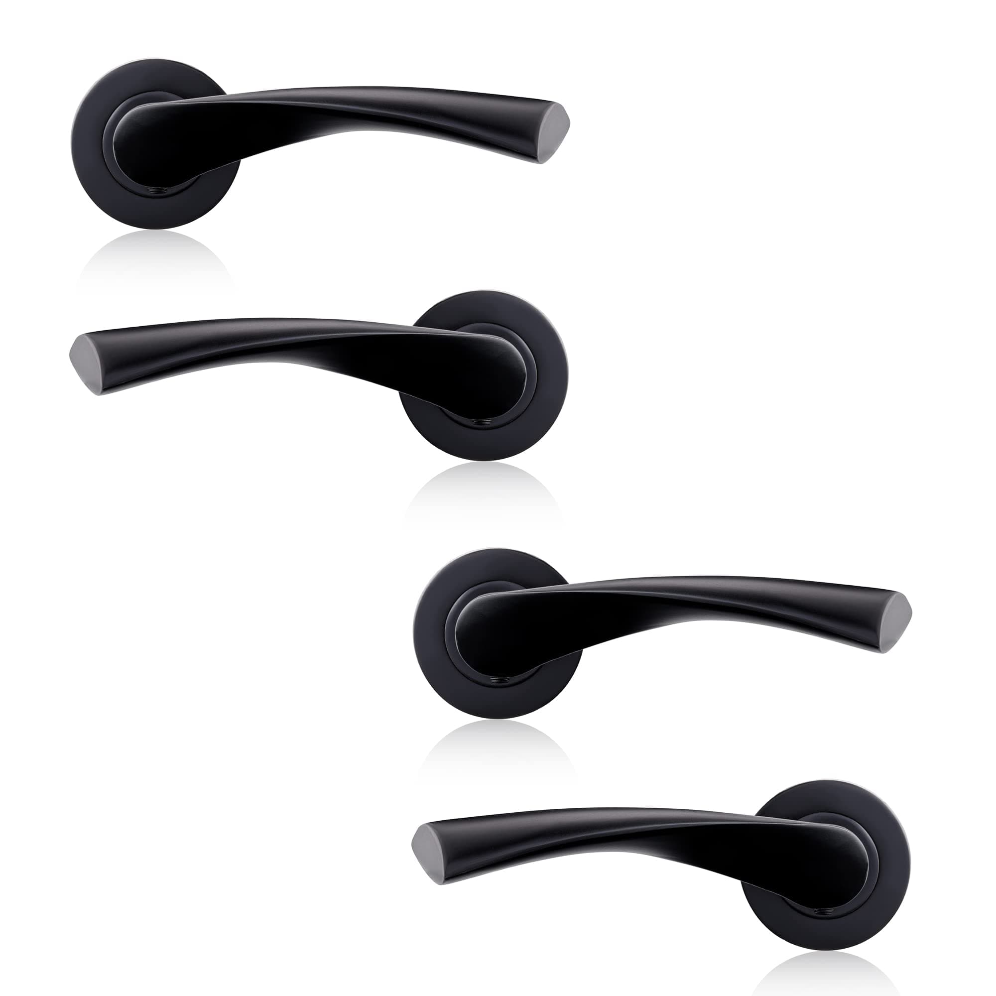XFORT Matt Black Warped Lever On Rose Door Handles, Twisted Lever Latch Rose Door Handle, Ideal for Internal Wooden Doors for Home and Office (2 Pairs)