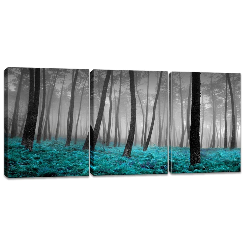 iKNOW FOTO 3 Pieces Canvas Wall Art Forest Mist with Teal Trees Black and White Woods Scenery Painting Long Canvas Artwork Contemporary Nature Picture for Home Office Wall Decor 12x16inchx3pcs