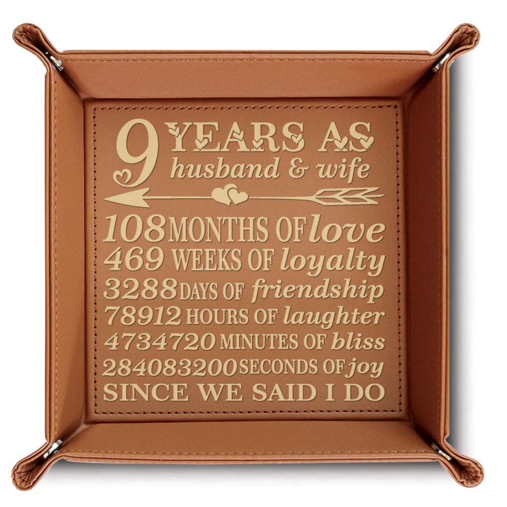 Bella Busta-9 years as husband and wife- Leather is the Modern 9th Anniversary Gift - Gift for Husband, Wife-Engraved Leather Tray (Rawhide)