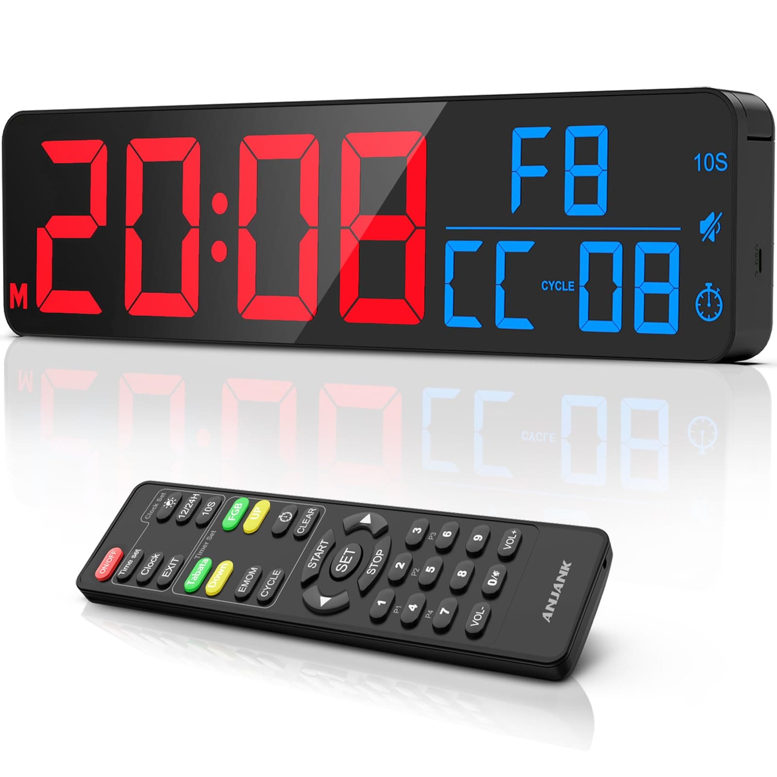ANJANK 15" Large Gym Timer, LED Digital Wall Clock with Seconds, Timing for Workout, Interval & Rounds, Countdown/Up/Stopwatch/12-Level Volume, Remote Control for Home, Garage, Gym, Crossfit, Fitness