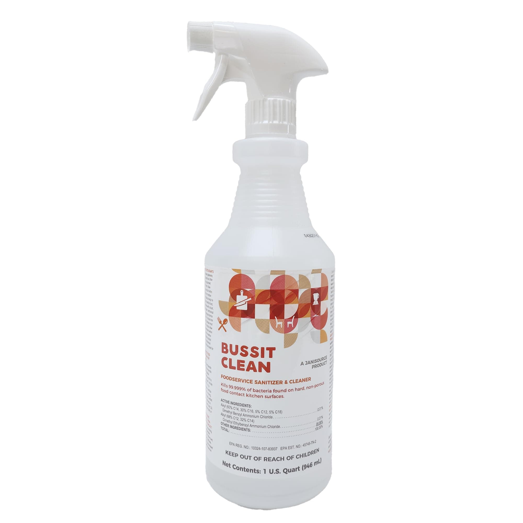 Bussit Clean Foodservice Surface Sanitizer & Cleaner, Spray and Wipe, Kills 99.9% of Kitchen Bacteria, 1 Quart (Each)