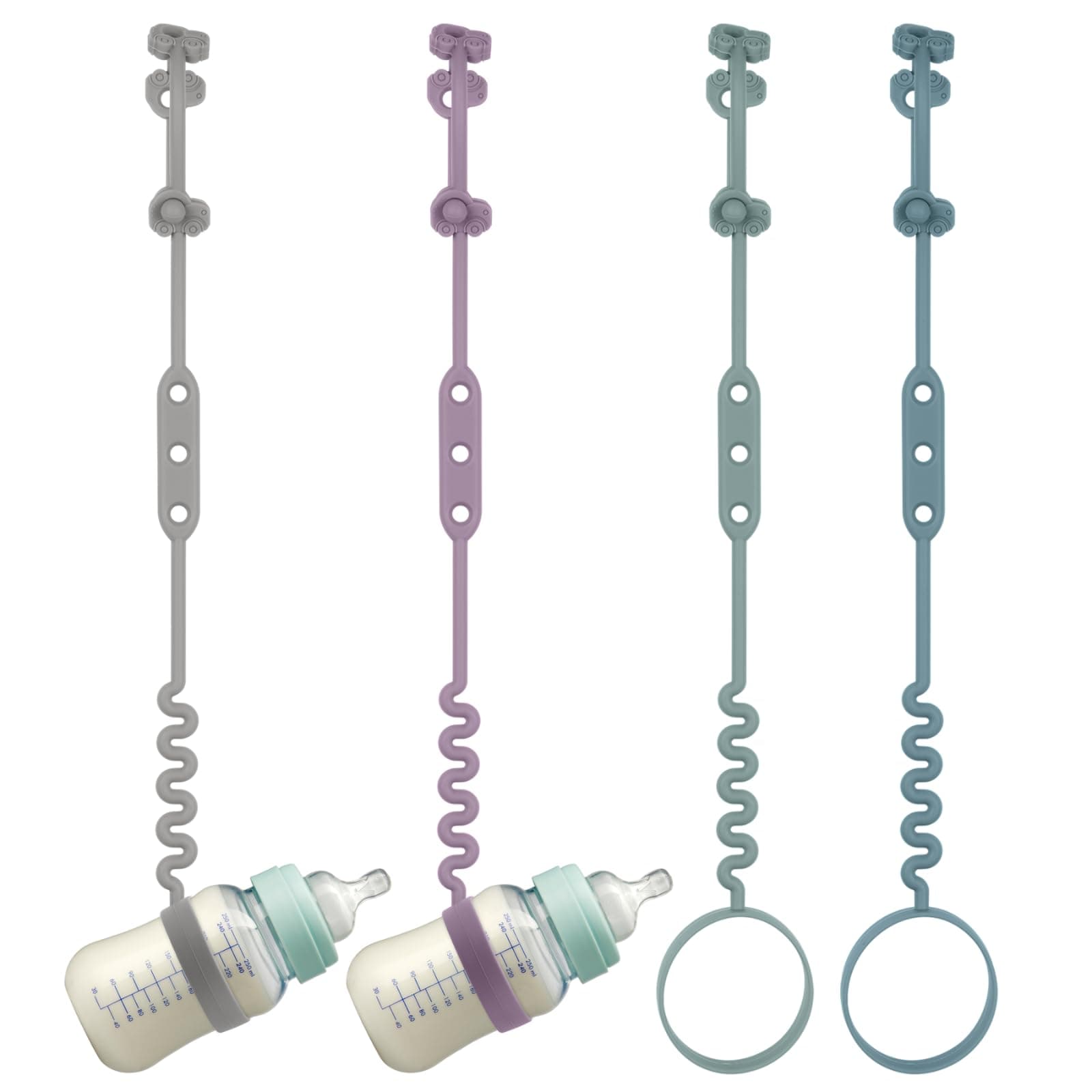 Baby Bottle and Sippy Cup Straps - Adjustable Straps Attach with Strollers, High Chair, Shopping Cart - Food Grade Silicone - Dishwasher Safe (4 Packs, Color 1)