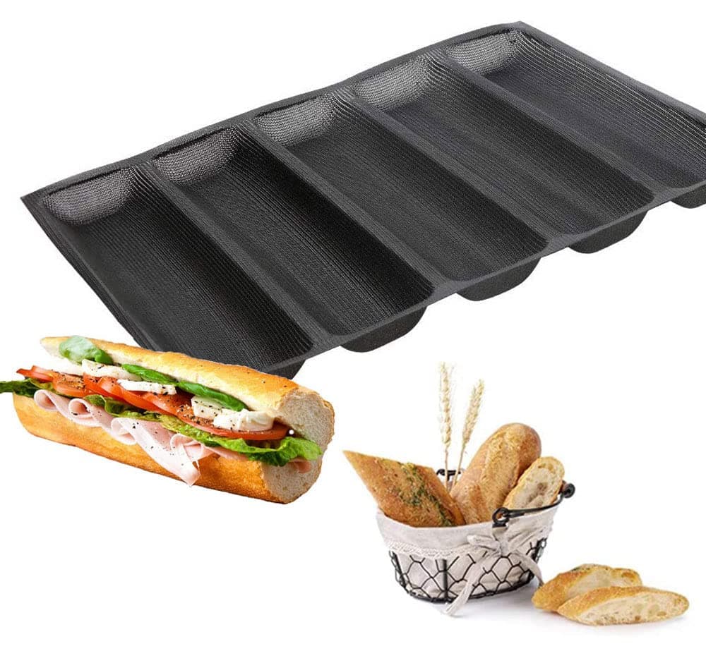 Baker Boutique Silicone Baguette Pan - Non-stick Perforated Fench Bread Pan Forms, Hot Dog Molds, Baking Liners Mat Bread Mould (5 Loaf, Black)