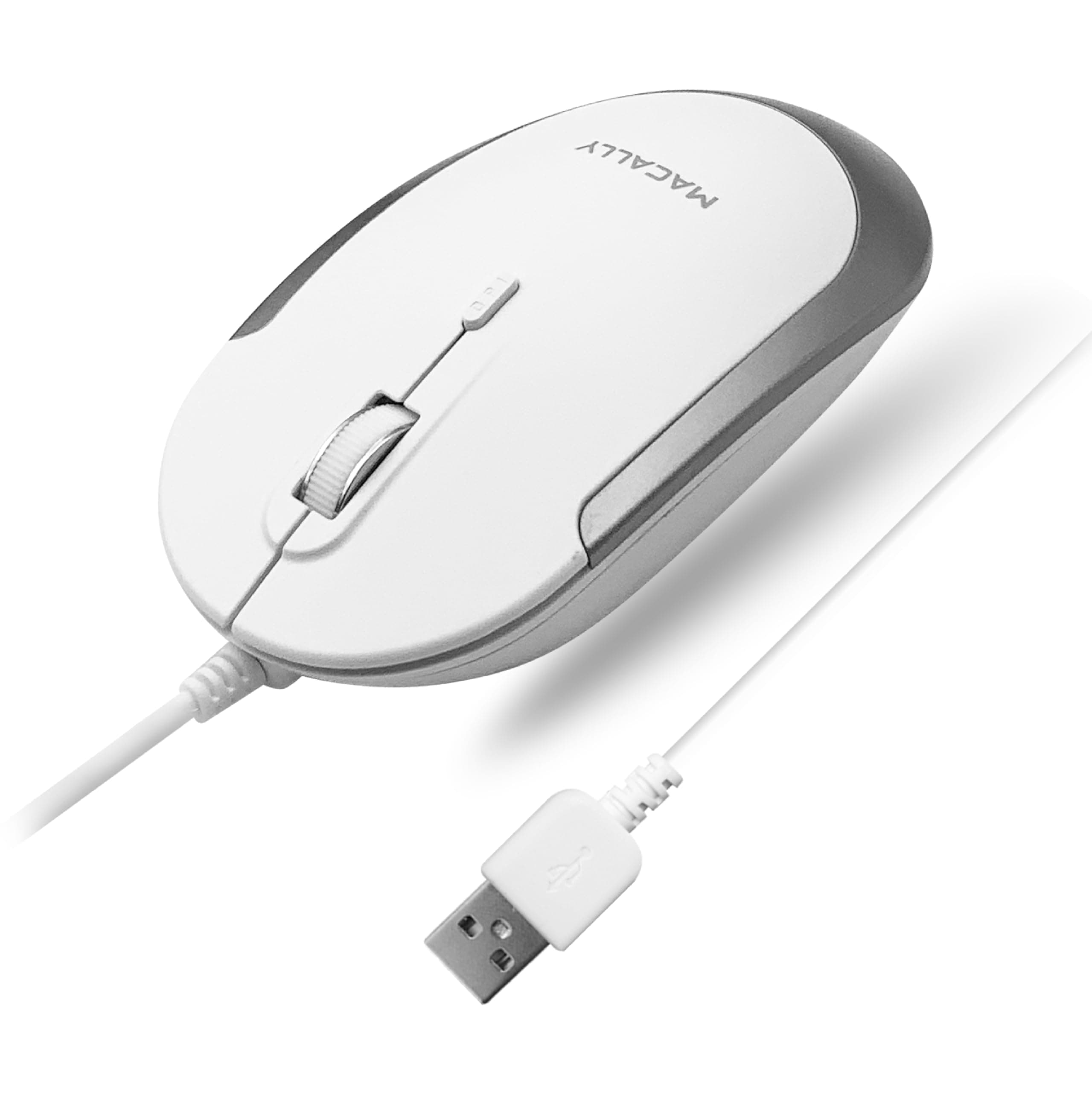 Macally Silent USB Mouse Wired for Apple Mac or Windows PC Laptop/Desktop Computer | Slim & Compact Mice Design with Optical Sensor and DPI Switch 800/1200/1600/2400 | Small for Easy Travel (White)