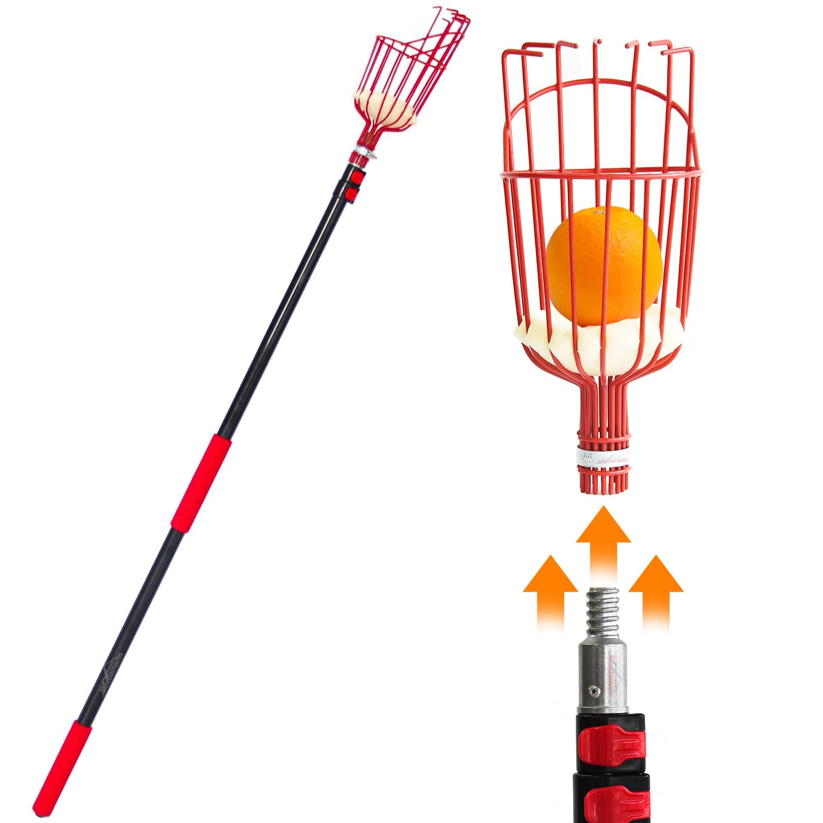 Ruedamann13 Foot Adjustable Fruit Picker Tool,Lightweight Aluminum Telescopic Extension Pole, with Twist-on Basket, Height Adjustable Harvester for Picking Apple Pear Cherry Mango Orange, Red