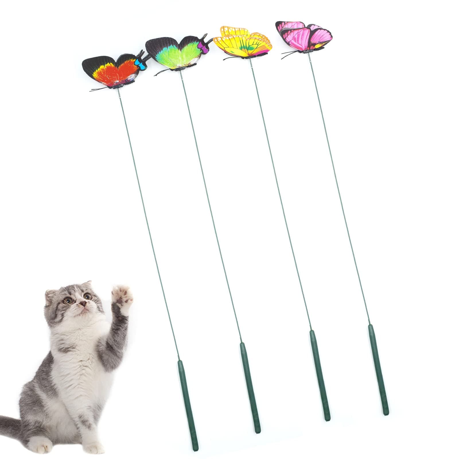 Cat Wand Toys, 4 PCS Interactive Butterfly Cat Wand - 16'' Long Cat Teaser Wands for Cat and Kitten