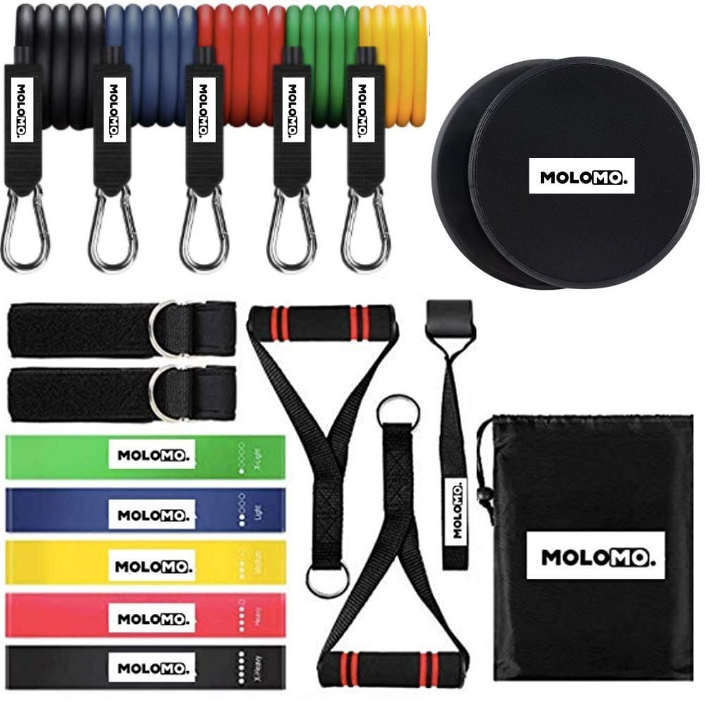 Resistance Bands Set, 18 pack, 5 Stackable Exercise Bands, 5 Fitness Bands, 2 Core Sliders, Door Anchor and Handles, Ankle Straps, Carry Bag and Guide