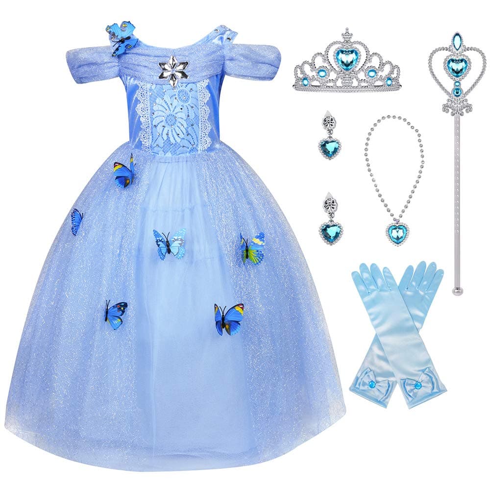 Little Girl Princess Cinderella Costume Butterfly Cosplay Blue Dress