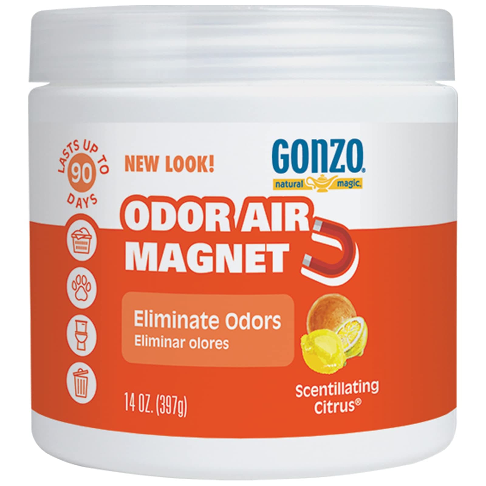 Gonzo Natural Magic Odor Air Magnet - Eliminates Odors from Closets, RV's, Rental Properties, Cars, Pet Areas, Bathrooms, Trash Areas Caused by Smoke, Pets, Garbage, 14oz, Citrus Scent