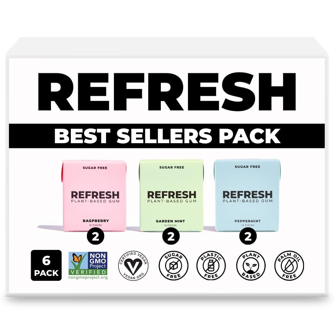 Refresh Gum, Xylitol, Natural, Sugar Free, Long Lasting, Plastic Free, Natural Flavors & Organic Ingredients, Plant-Based, Non GMO, Peppermint, Best Sellers Variety Pack, 12 Pcs, 6 Pack