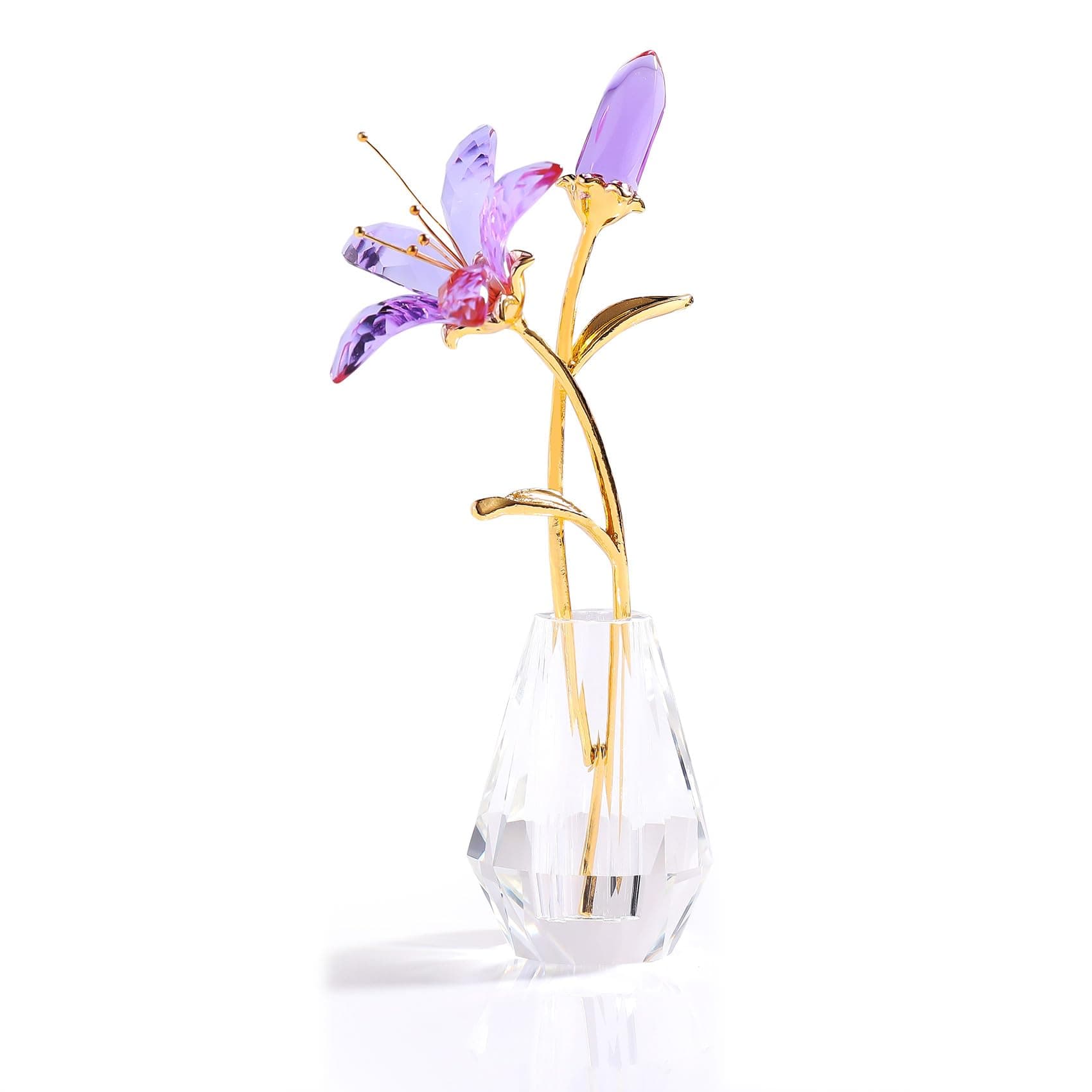 Ornalrist Crystal Lily Flower Figurine Collectible Gifts for Women, Glass Lilium Floral with Metal Stem Crystal Vase for Wedding Valentine's Day Party Home Ornament Decor (Purple)