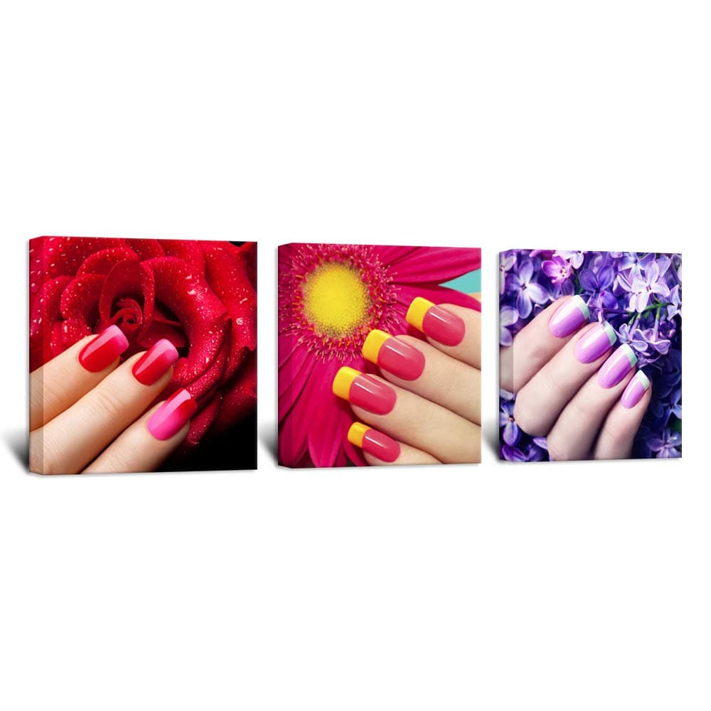 Biuteawal - 3 Panel Woman Fashion Canvas Wall Art Flower Nail Poster Art Prints Hand Spa Makeup and Manicure Picture Painting for Spa Bathroom Beauty Salon Wall Decoration