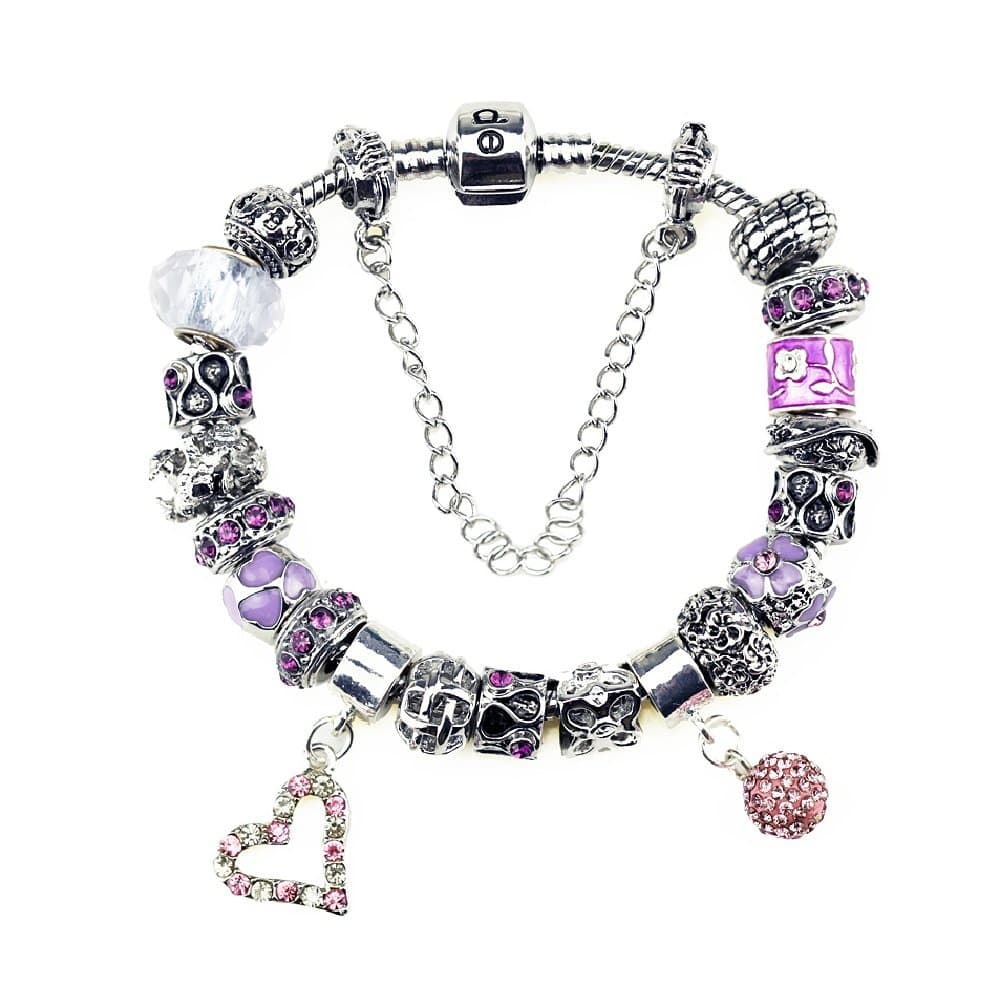 Duchy Bracelet for Girl with Glass Beads and Charms for Pandora DIY Pink 7.1 inch Small Size Jewelry