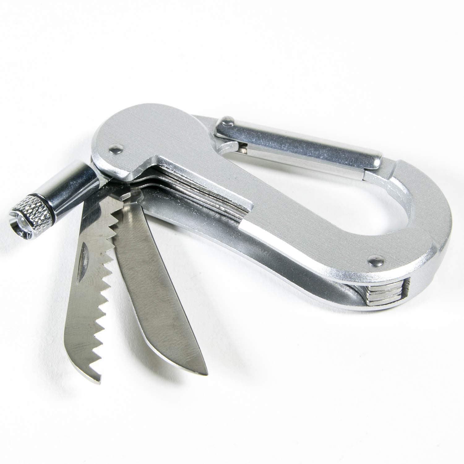 Carabiner MultiTool Clip - Keychain Outdoor Survival Multitool Carabiner with Knife & Light (Silver)