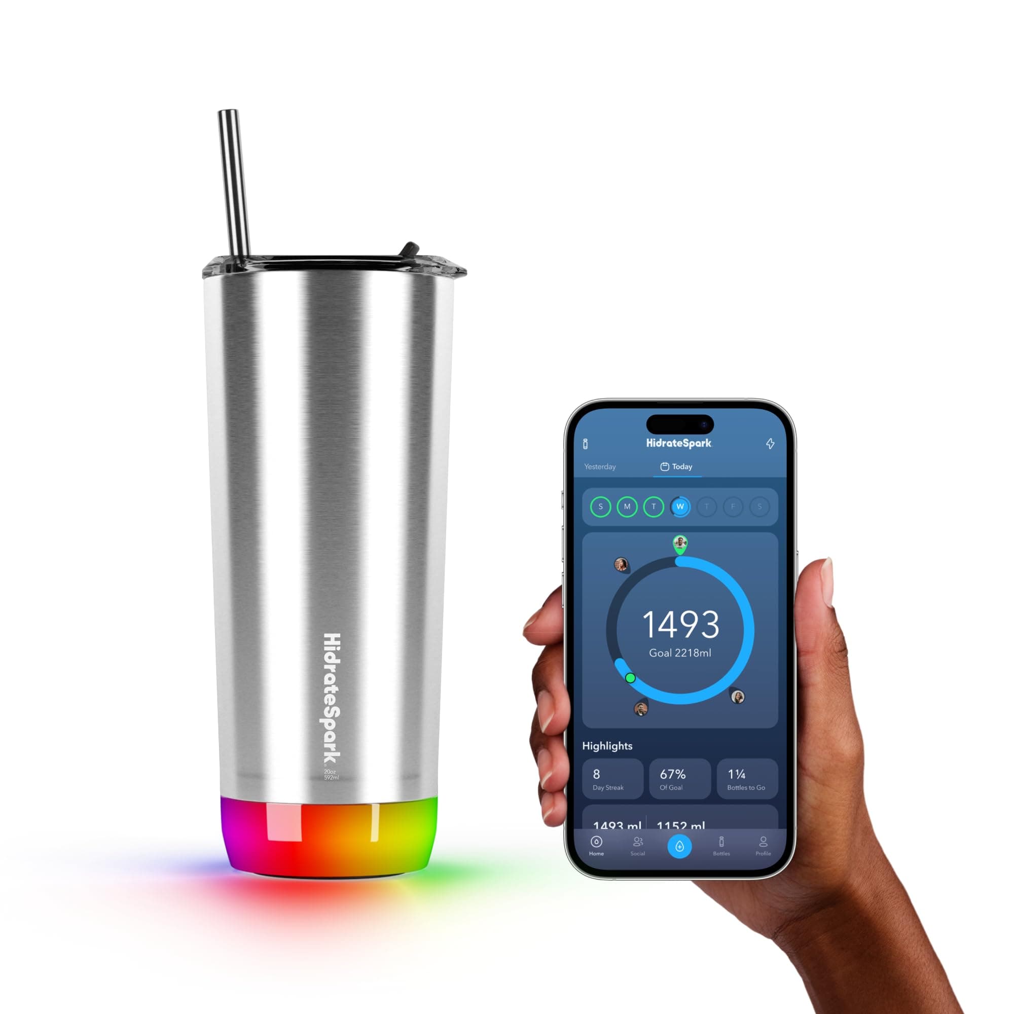 Hidrate Spark PRO 20oz Insulated Stainless Steel Bluetooth Smart Tumbler, Brushed Stainless Steel