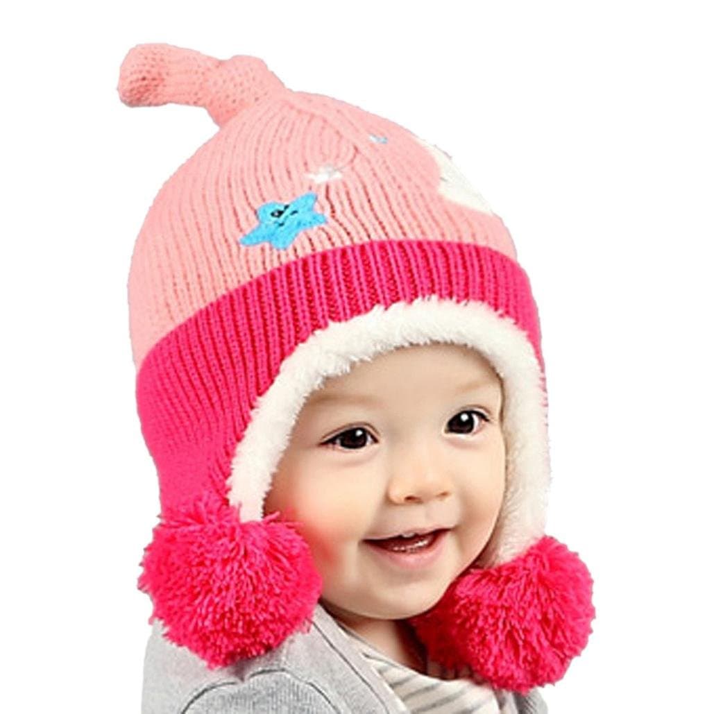 Baby Hat,Eenkula Cute Baby Toddler Kids Stars Moon Print Fur Ball Knitted Winter Warm Hat Cap (Pink)