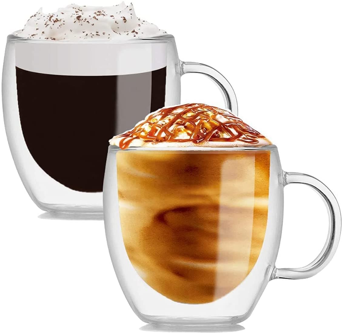 2-Pack Double Walled Glass Coffee Mugs, Insulated Glass Cups with Handle Clear Borosilicate Glass Mugs , 250ml Perfect for Cappuccino,Tea,Latte,Espresso,Hot Beverage,Wine,Microwave Safe.