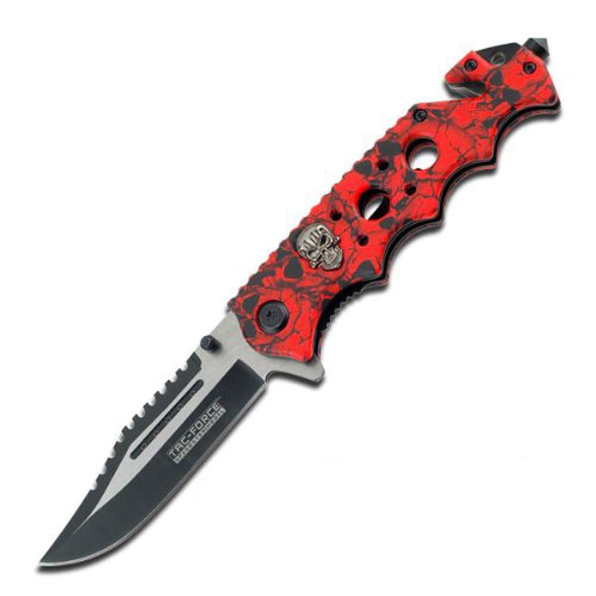 Tactical Pocket Knife, Rescue Glass Breaker Bright Red Skull Design Hunting Camping