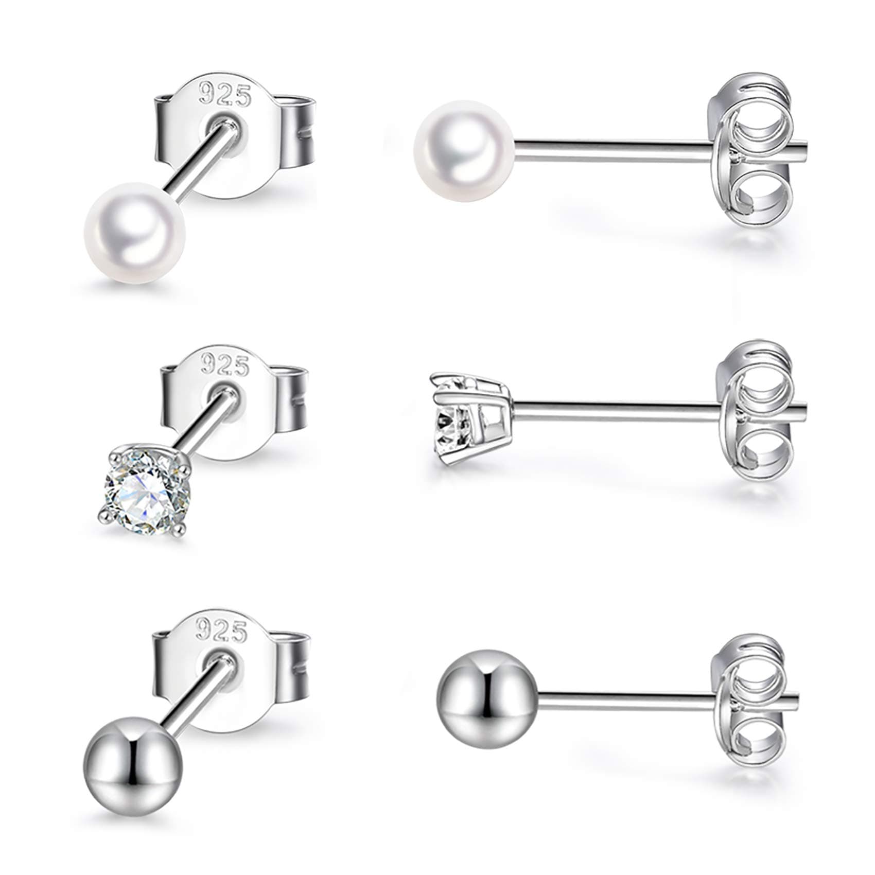 Sterling Silver Stud Earrings for Women Men- 3 Pairs 3mm Tiny Ball Stud Earrings Round CZ Earrings Pearl Earrings Set Cartilage Small Tragus Earrings