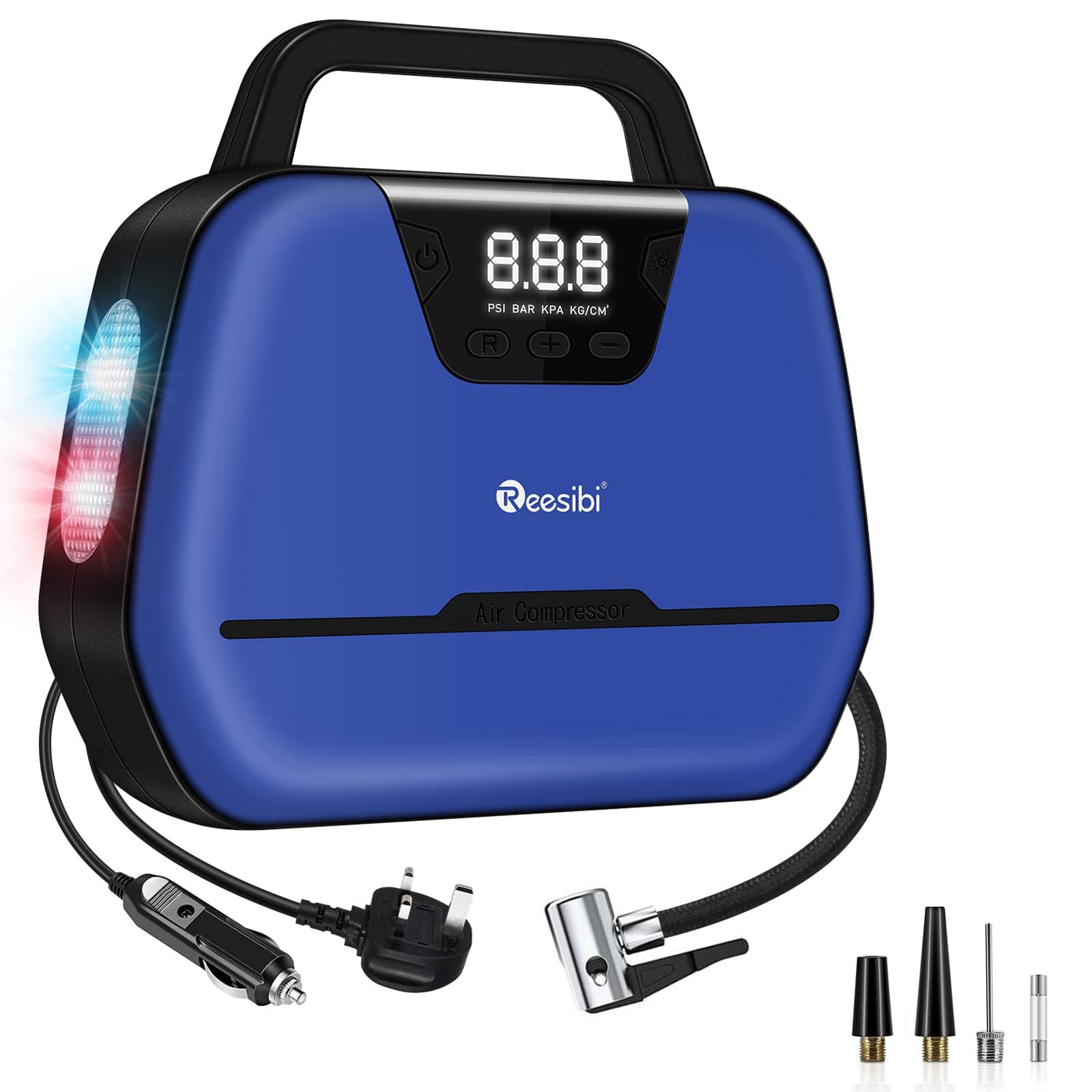 Reesibi Portable Air Compressor, Digital Tyre Inflator 12V 230V 150PSI, Electric Air Pump with LED-light, Valve Adaptors, for Home, Bicycle Motorcycle Tires Ball and Other Inflatable, Blue