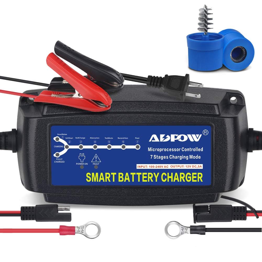 5A 12V Automatic Smart Battery Charger Automotive Maintainer 7-Stages Trickle for Deep Cycle Car Marine Trolling Motor Boat Truck Lawn Mower RV AGM with Terminal Cleaning Brush