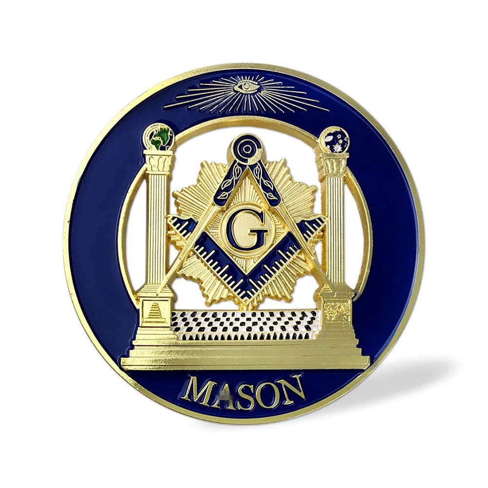 Square & Compass Round Masonic Car Emblem Badge Blue & Gold Freemason Auto Decal