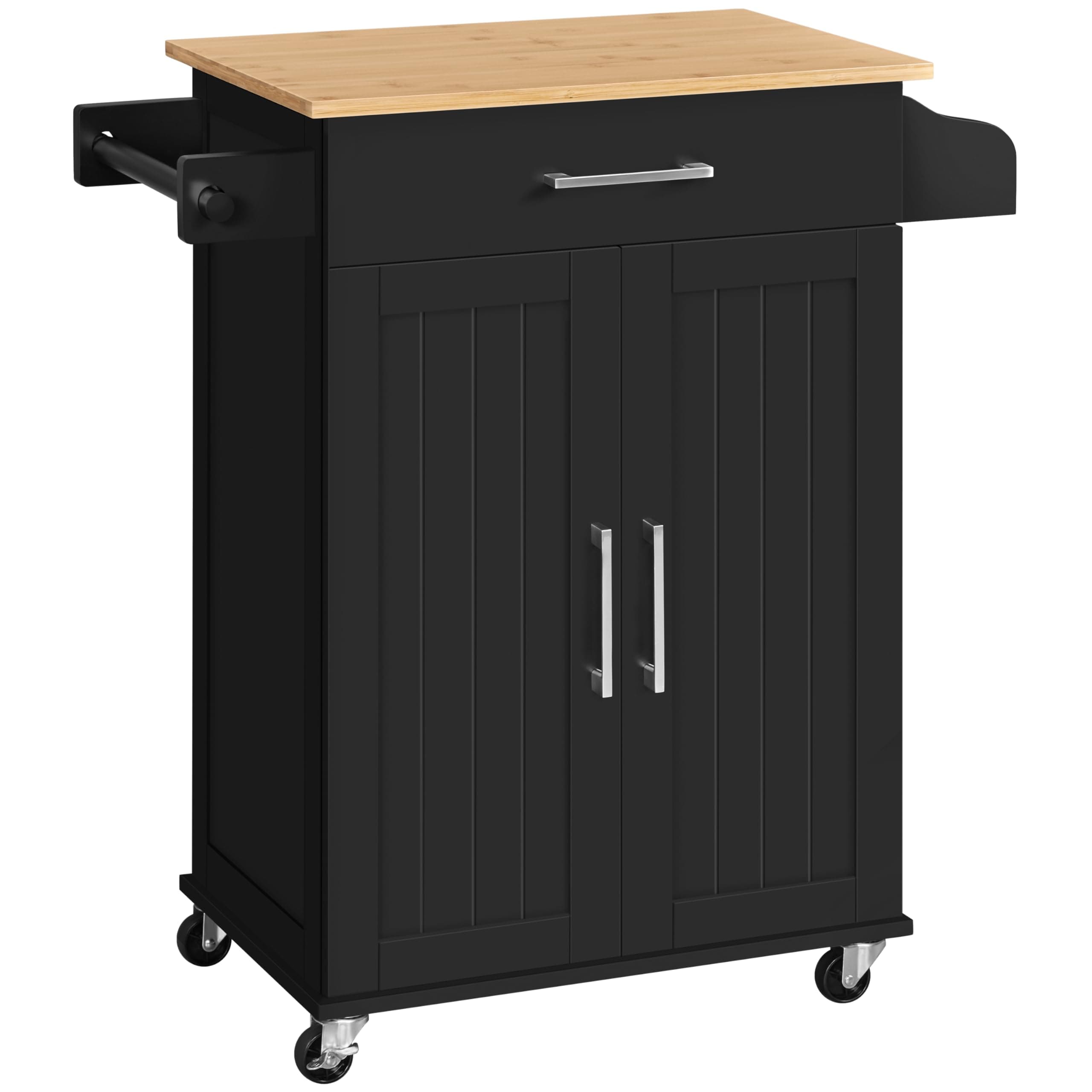 Yaheetech Kitchen Island on Wheels with Storage Cabinet, Rolling Kitchen Cart with Bamboo Top & Drawer & Spice Rack Towel Bar, Microwave Stand Cart for Kitchen/Dining Room, Black