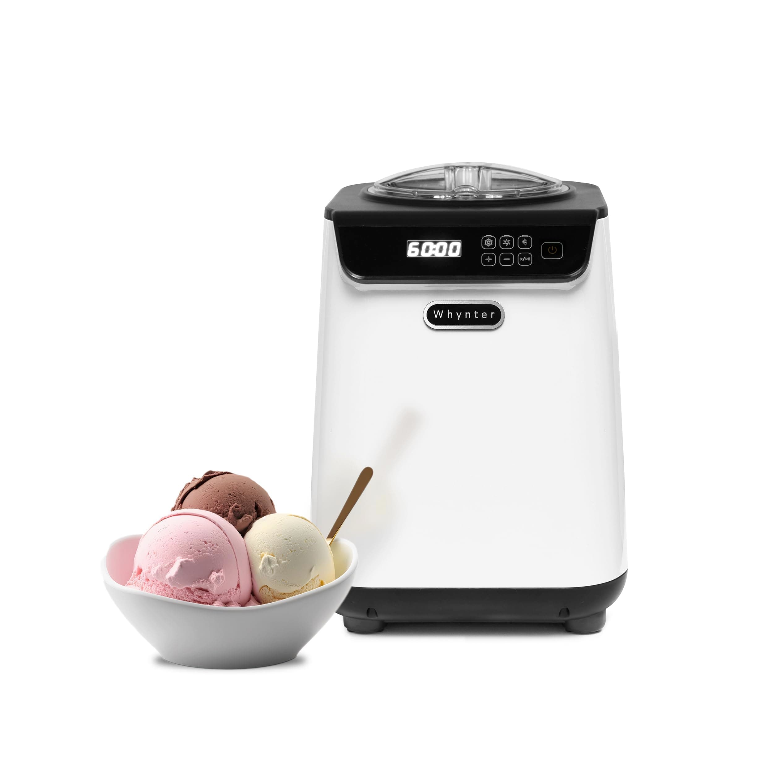 Whynter Ice Cream Maker Machine Automatic 1.28 Qt Upright with Built-in Compressor, LCD Digital Display & Timer, No Pre-Freezing, ICM-128WS, White