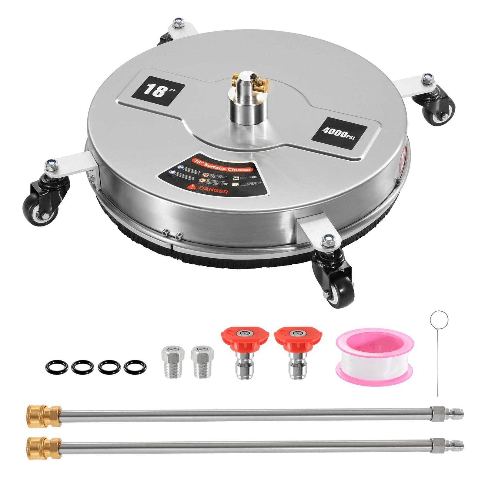 WICHEMI 18" Driveway Pressure Washer Surface Cleaner for Pressure Washer Power Washer Attachment for Driveway Sidewalk Patio Concrete Cleaning, 1/4" Quick Connector, 2 Extension Wand Attachments