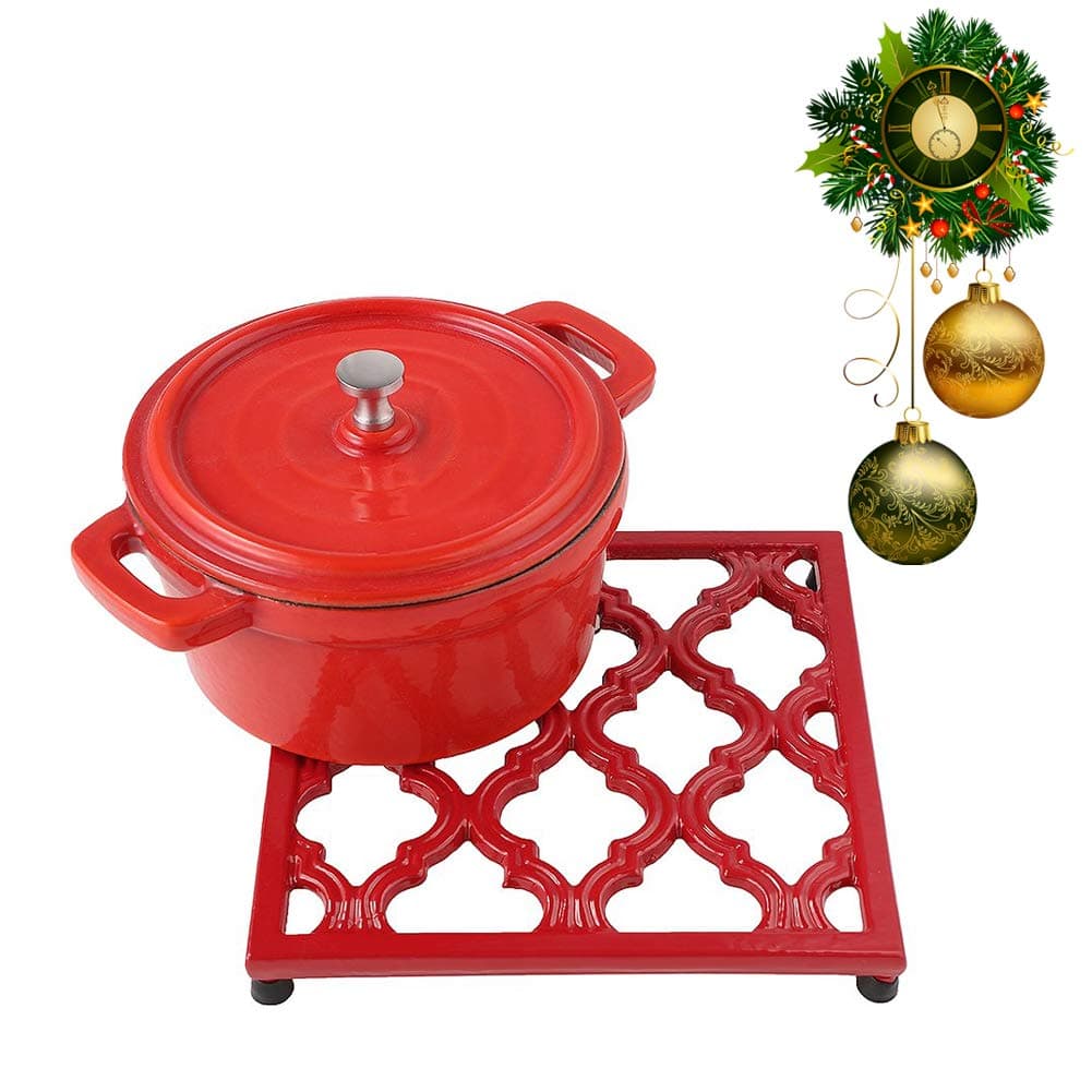 Cast Iron Trivet Mats, Kitchen Pot Holders to Portect Table/Countertops, Heat Resistant Mats for Teapot/Hot Dishers/Plates, Vintage Mats with Weighted-Base, Red