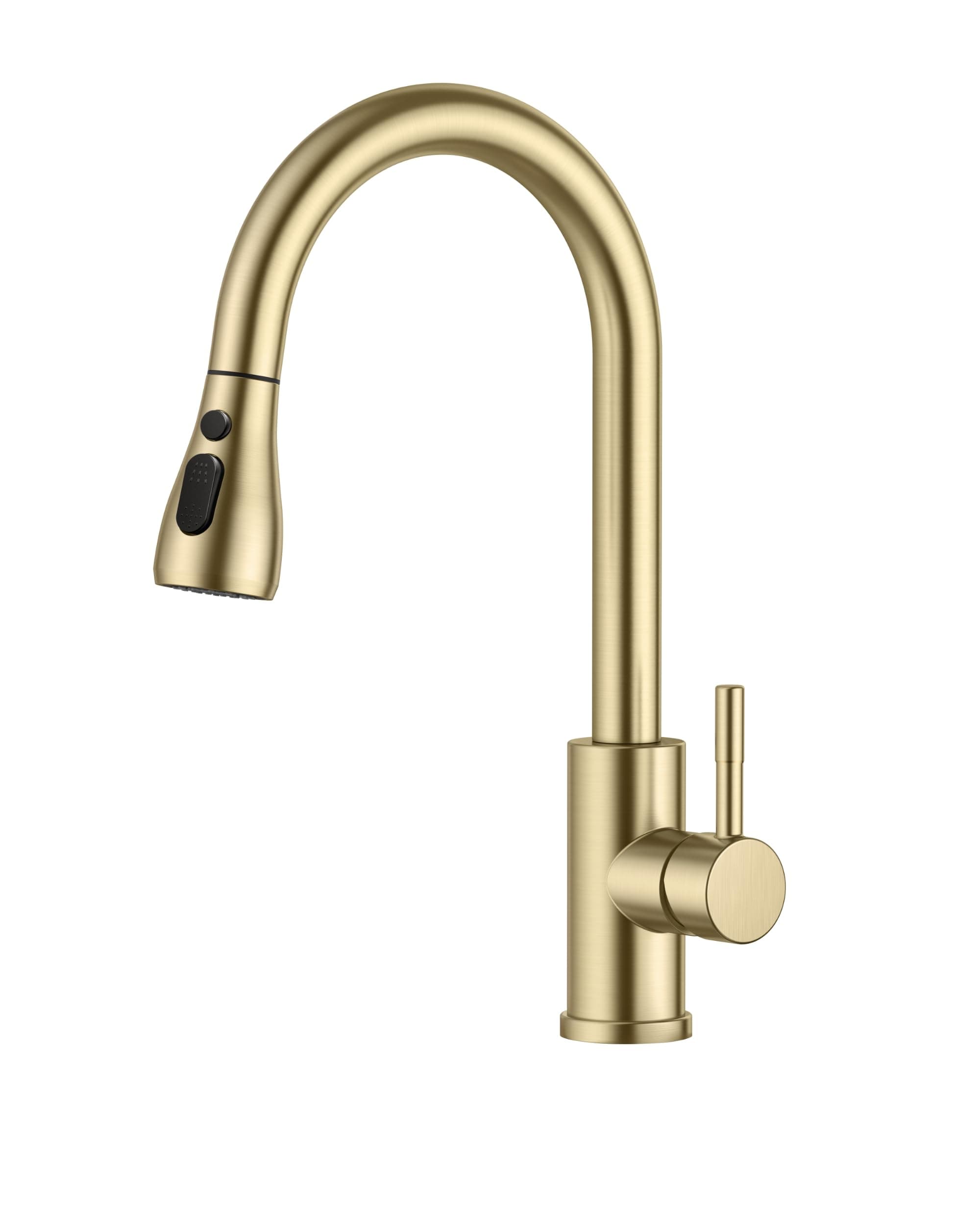 FORIOUS Kitchen Tap, Kitchen Mixer Taps with Pull Out Sprayer, Swivel Single Handle High Arc Pull Down Stainless Steel Sink Faucet, Brushed Gold