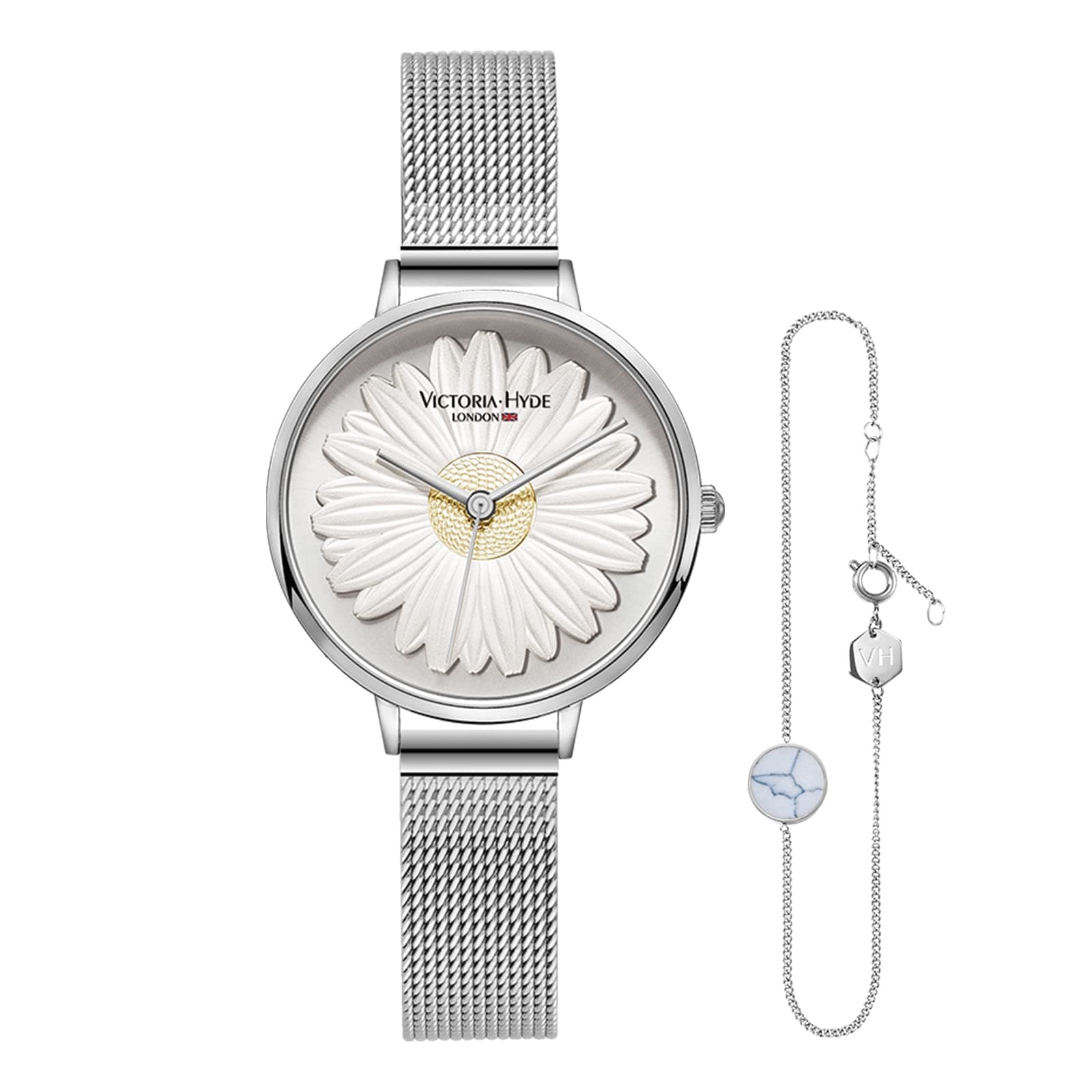 VICTORIA HYDEFlower Watches for Women 3D Daisy Floral Watch Dial Lady Watches with Mesh Band Women Watch Bracelet Sets (Daisy/Silver)