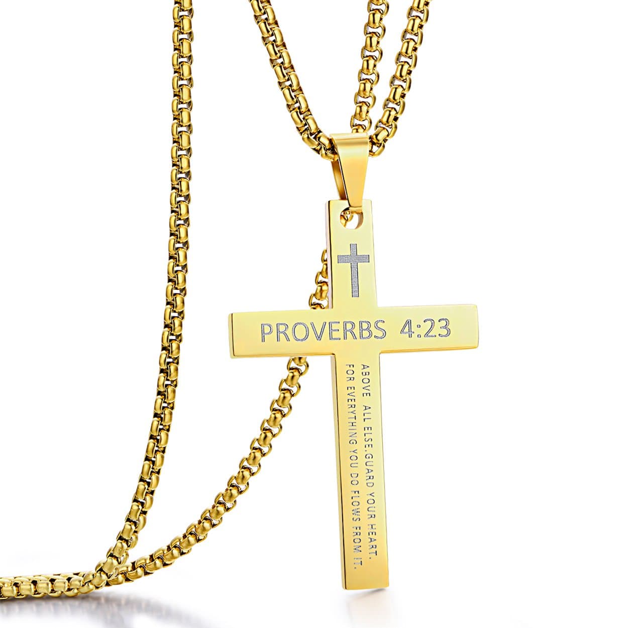 RehobothStainless Steel Cross Pendant Necklaces Bible Verse Proverbs 4:23 Pendant for Men or Women Chain 24 Inch Black Gold Silver