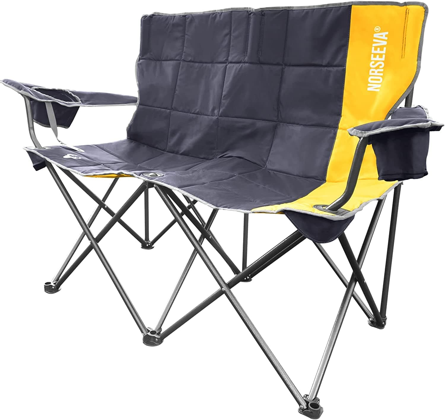NORSEEVA Heavy Duty Loveseat Double Camping Chair - Two Person Outdoor Folding Chairs with Bottle Opener for Camping, Beach, Adults, and Kids. Padded Wide Camp Couch (Sunrise and Charcoal)