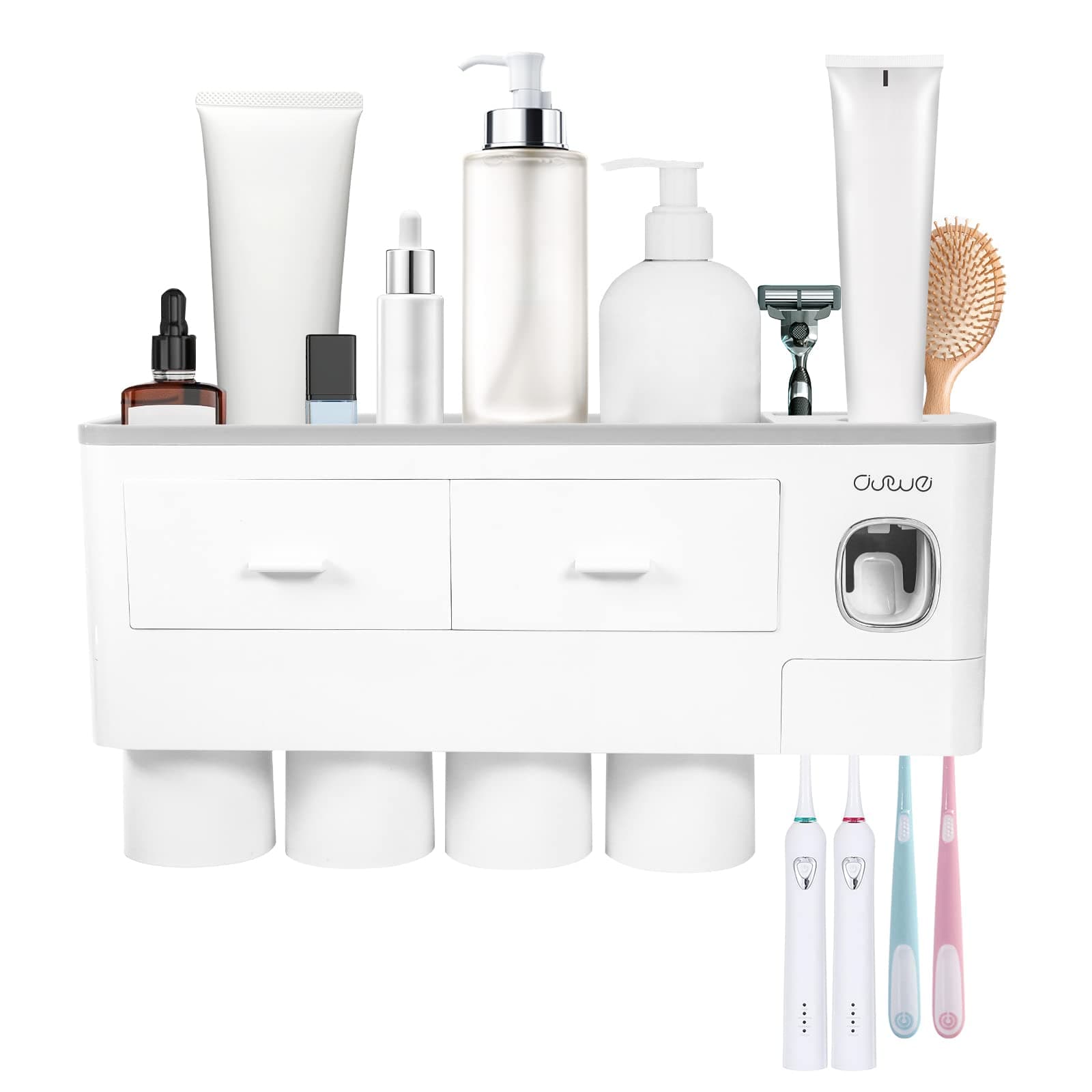 SKY-TOUCH Multifunctional Wall-Mounted Toothbrush Holder,Automatic Toothpaste Dispenser Space Saving Toothbrush Organizer,4 Cups and Drawers Cosmetic Organizer for Washroom and Bathroom