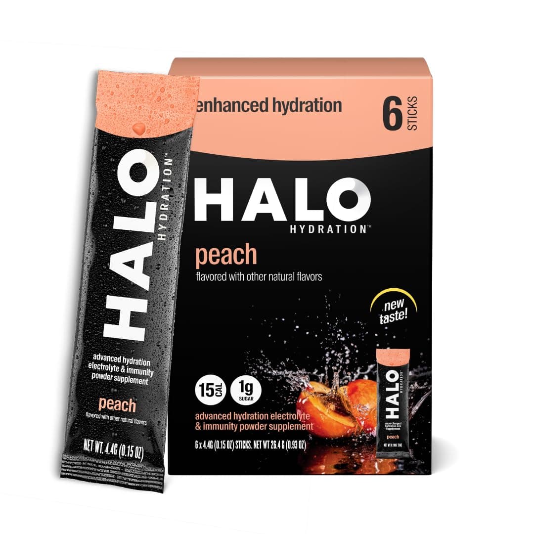 HALO Sport Hydration Peach - Electrolyte Drink Powder Sachets - Dietary Supplement, Rich in Vitamin C & Zinc, Complete Hydration - Keto, Vegan & Low Calorie - 6 x Sachets