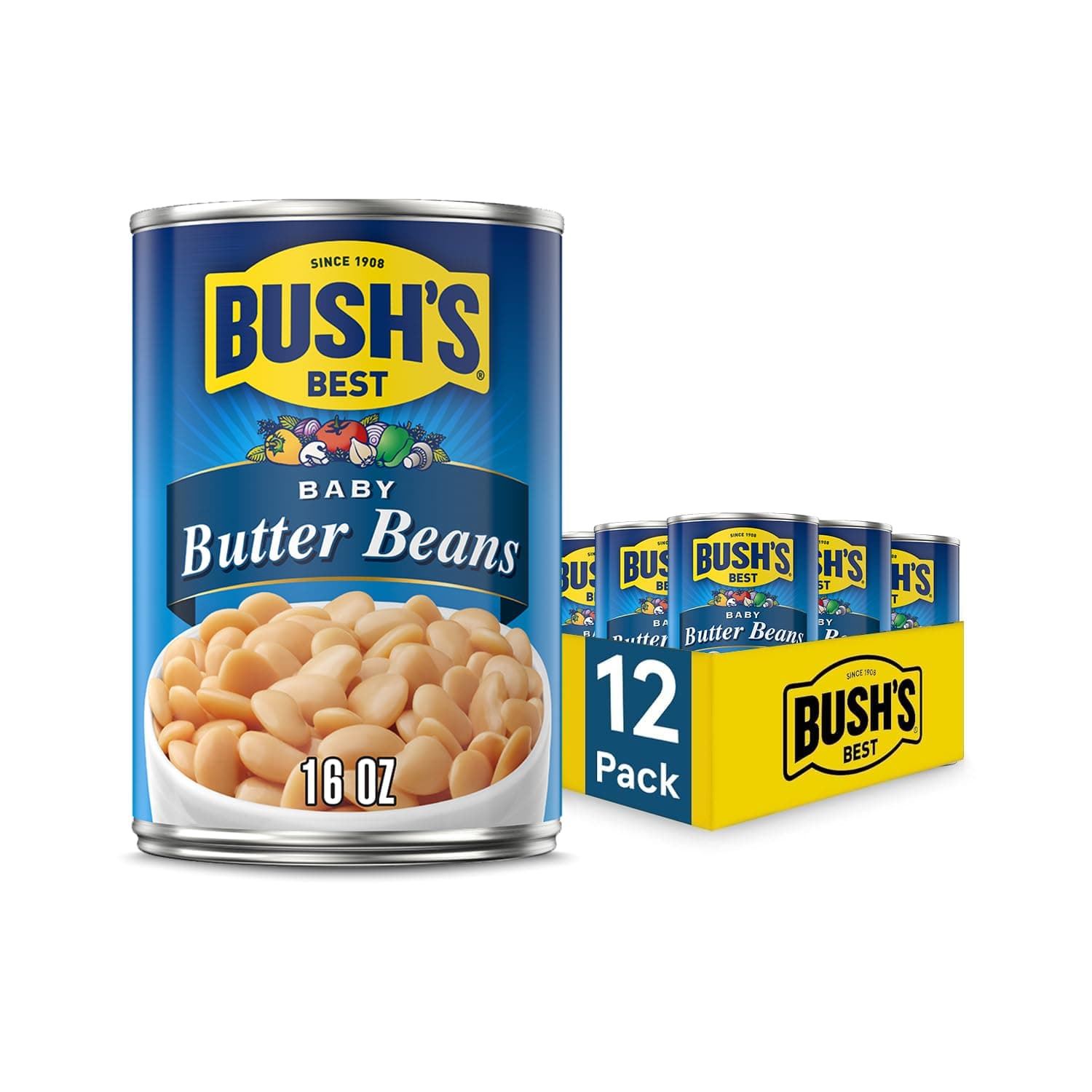 16 oz Canned Baby Butter Beans, Source of Plant Based Protein and Fiber, Low Fat, Gluten Free, (Pack of 12)