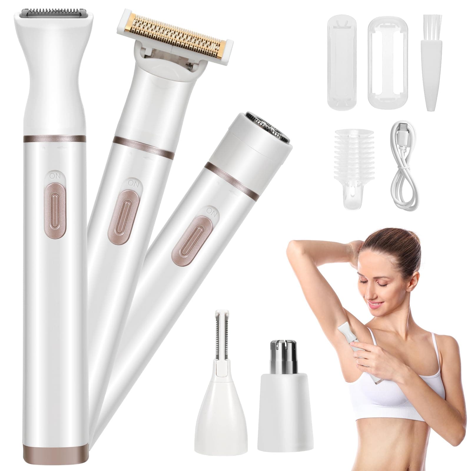 Ladies Body Hair Groomer,Women's Electric 5 in 1 Dry & Wet Cordless Waterproof Facial Removal Painless Gentle Grooming Bikini Trimmers for Female White