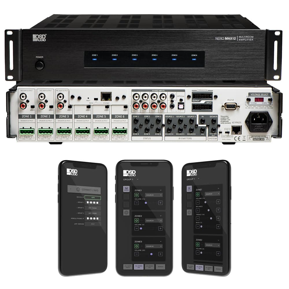 OSD Audio Nero Max12: 6-Zone, 6-Source Amplifier 80W Power, Multi-Room Audio Control, App Integration for iOS & Android, Expand up to 18 Zones, Control4 Driver Support