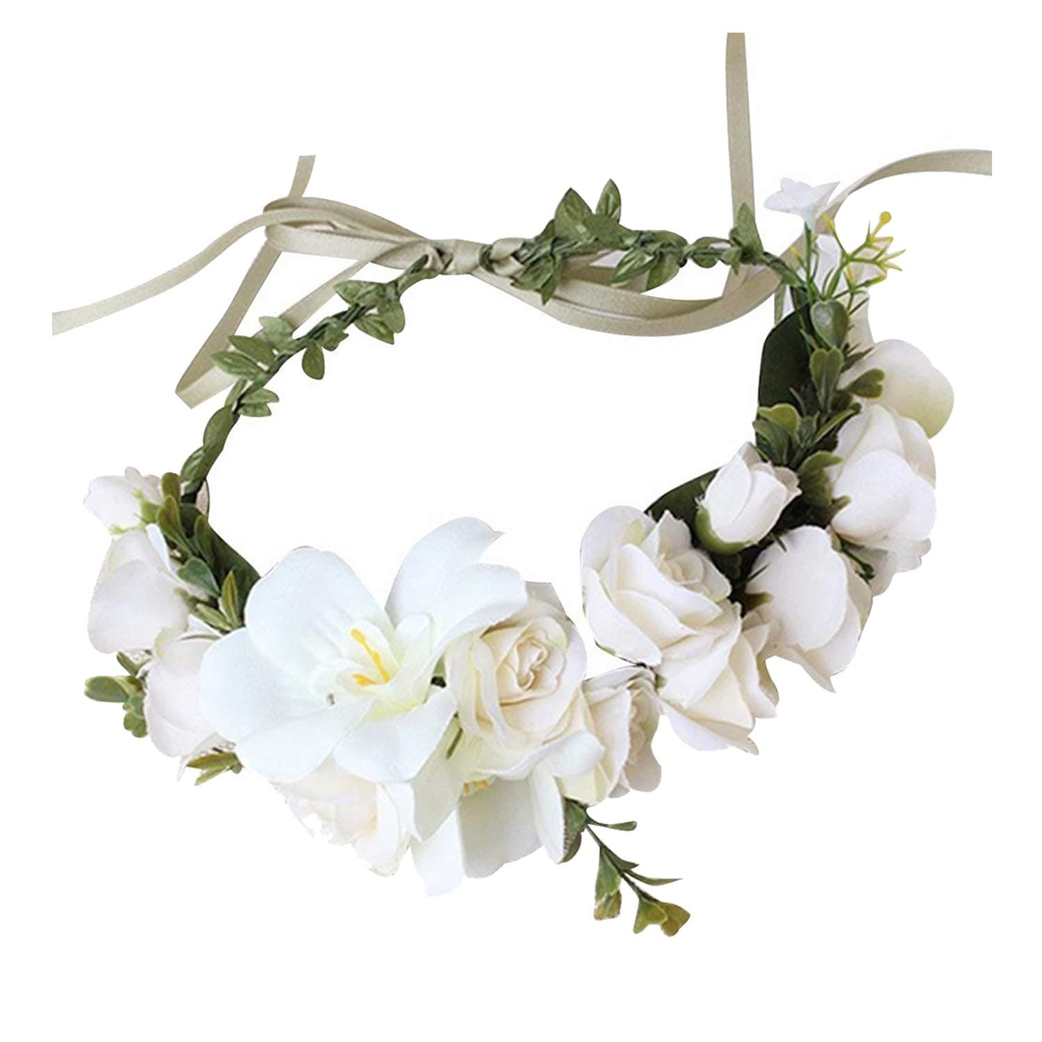 YUNF Christmas Decorations Gift Flower Wreath Headband Crown Floral Garland Boho for Festival Wedding - White -