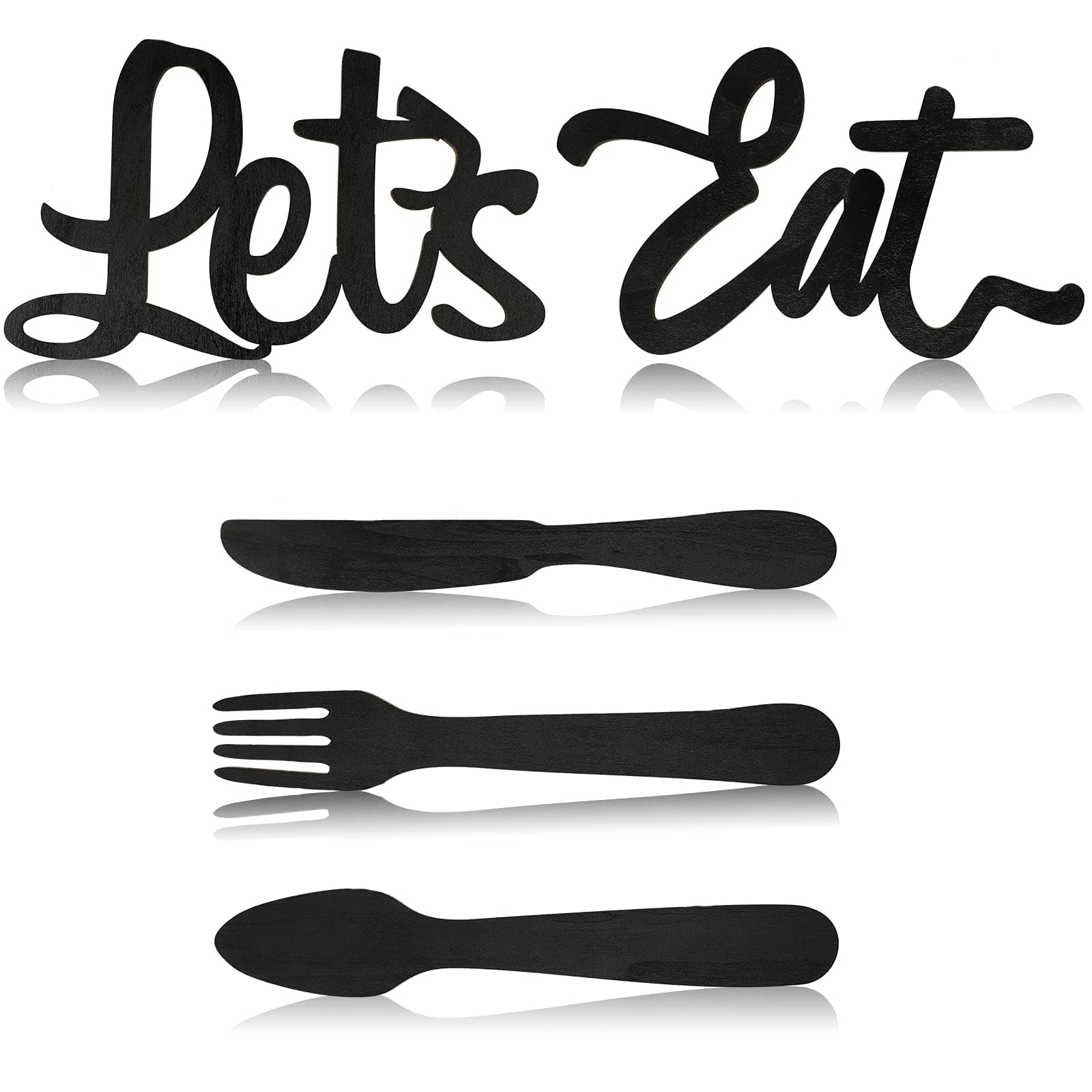 Jetec 5 Pcs Let's Eat Sign Kitchen Wall Decor Fork Spoon Knife Kitchen Decor Sign Rustic Farmhouse Wooden Wall Decorations for Home Dining Room Bar Cafe Restaurant(Black)