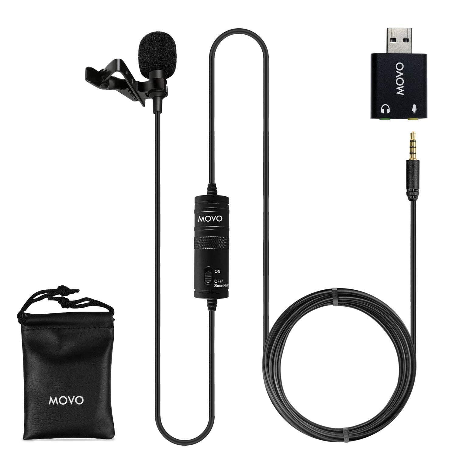 Movo LV1-USB Lavalier Microphone for Camera, Lapel for iPhone and Android Smartphones, Body Lav Mic, Clip On Microphone for 3.5mm, Shirt Lapel Mic for Phone, GoPro, Interview, Computer, PC