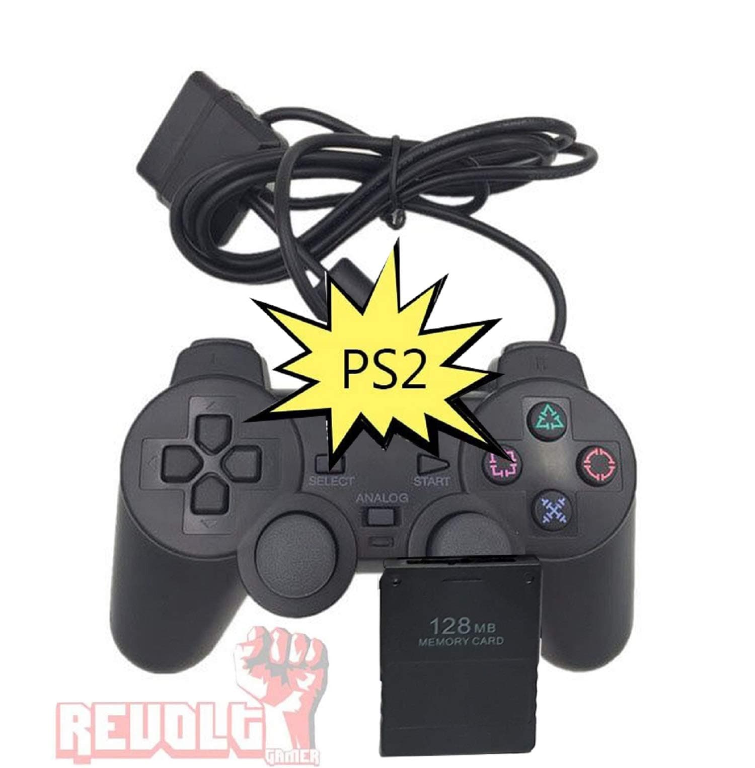 Black Wired Gamepad Contoller and 128MB Memory Card Accessory Essentials Kit for PS2 by REVOLT Gamer for Playstation 2 Video Game Console