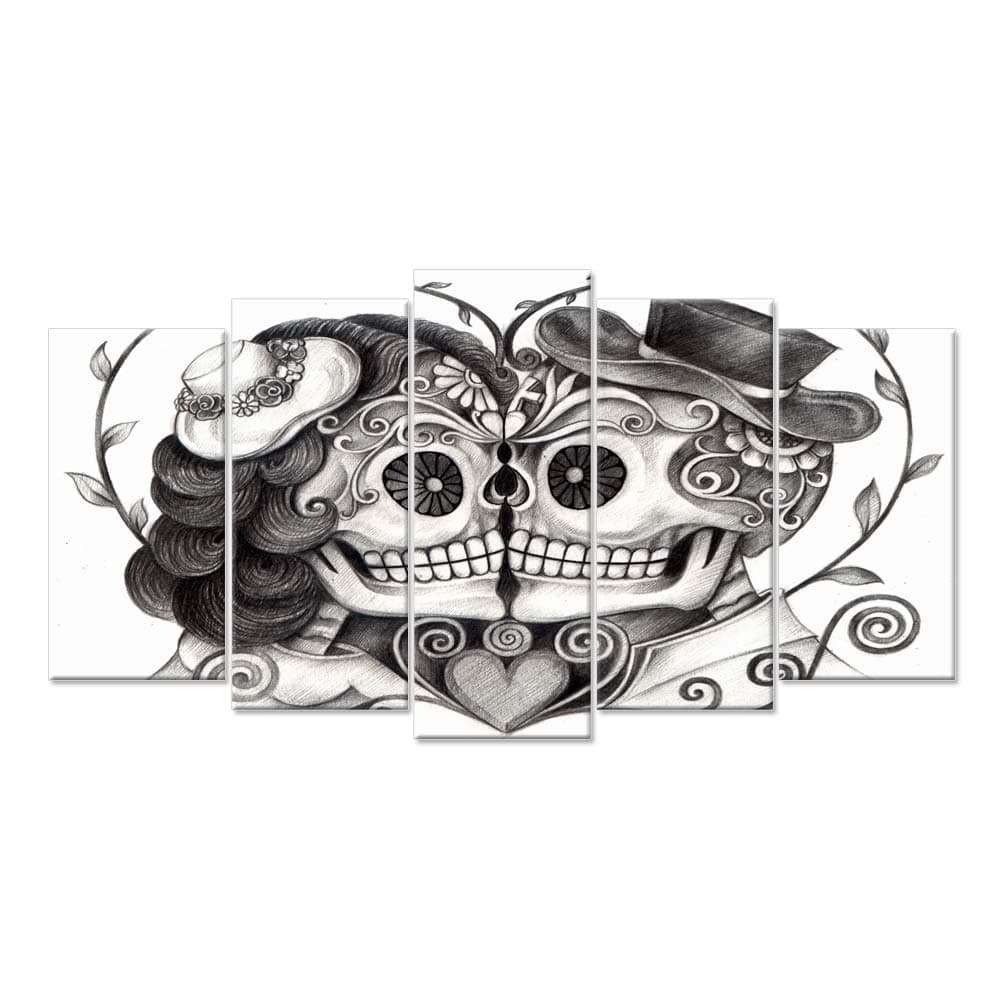 iHAPPYWALL Vintage Skull Canvas Print Art Skull Head Couple Love With Flower In Eyes Human Skeleton Man And Woman Tattoo idea The Pictures Print On Canvas For Home Decor