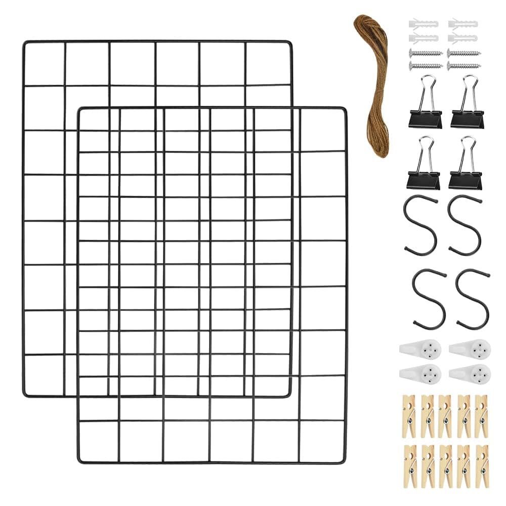 2 Pack Wire Wall Grid Frame Shelf Art Display Grid Mesh Panel Stand Metal Wall Organiser Notice Memo Board Hanging Grid Rack Clip Photo Wall Decoration for Decor & Storage, 30 * 40cm (Black)
