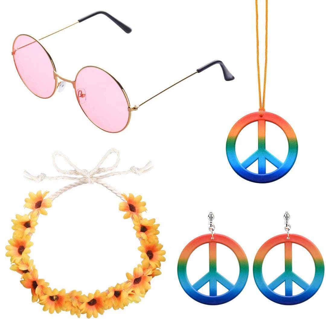 4 Pieces Hippie Costume Set Rainbow Peace Sign Necklace and Earrings, Flower Crown Headband and Hippie Sunglasses