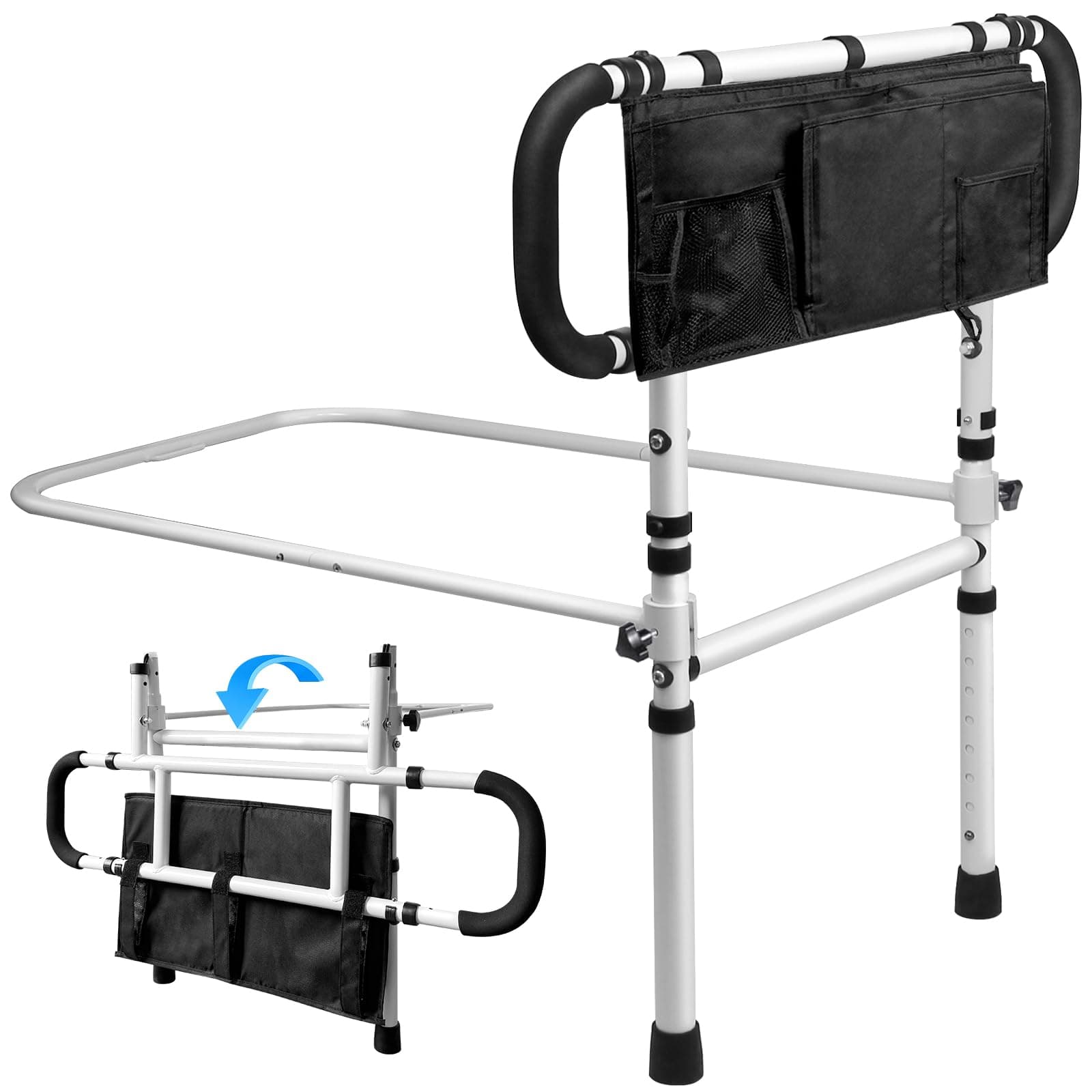 EasyVibe Bed Rails for Elderly Adults, Adjustable Height & Extendable Bed Assist Rail, Folding Bed Grab Rail with Large Storage Pocket for Seniors, Heavy Duty Adult Bed Guard, 450LBS Capacity