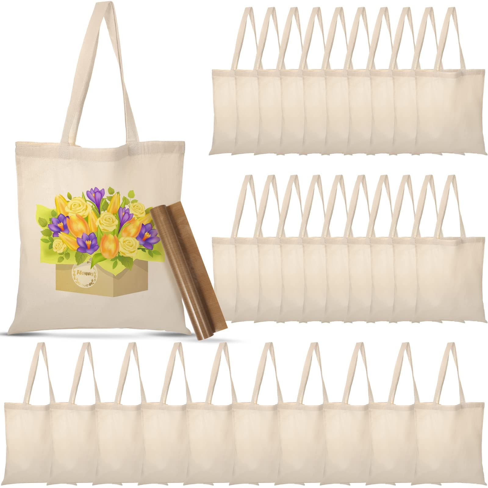 30 Blank Canvas Tote Bags Bulk with 1 Piece of PTFE Sheet for Iron on Heat Transfer DIY Sublimation Natural Cotton Kitchen Reusable Grocery Bags