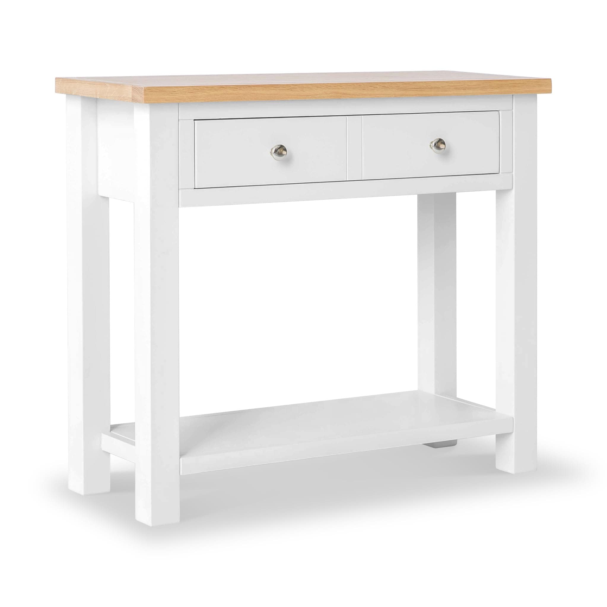 RoselandFurniture Farro White Tall Console Table for Hallway with Storage & Oak Top Large Wide Painted Solid Wooden Hall Telephone Stand with Drawer for Living Room Bedroom or Kitchen