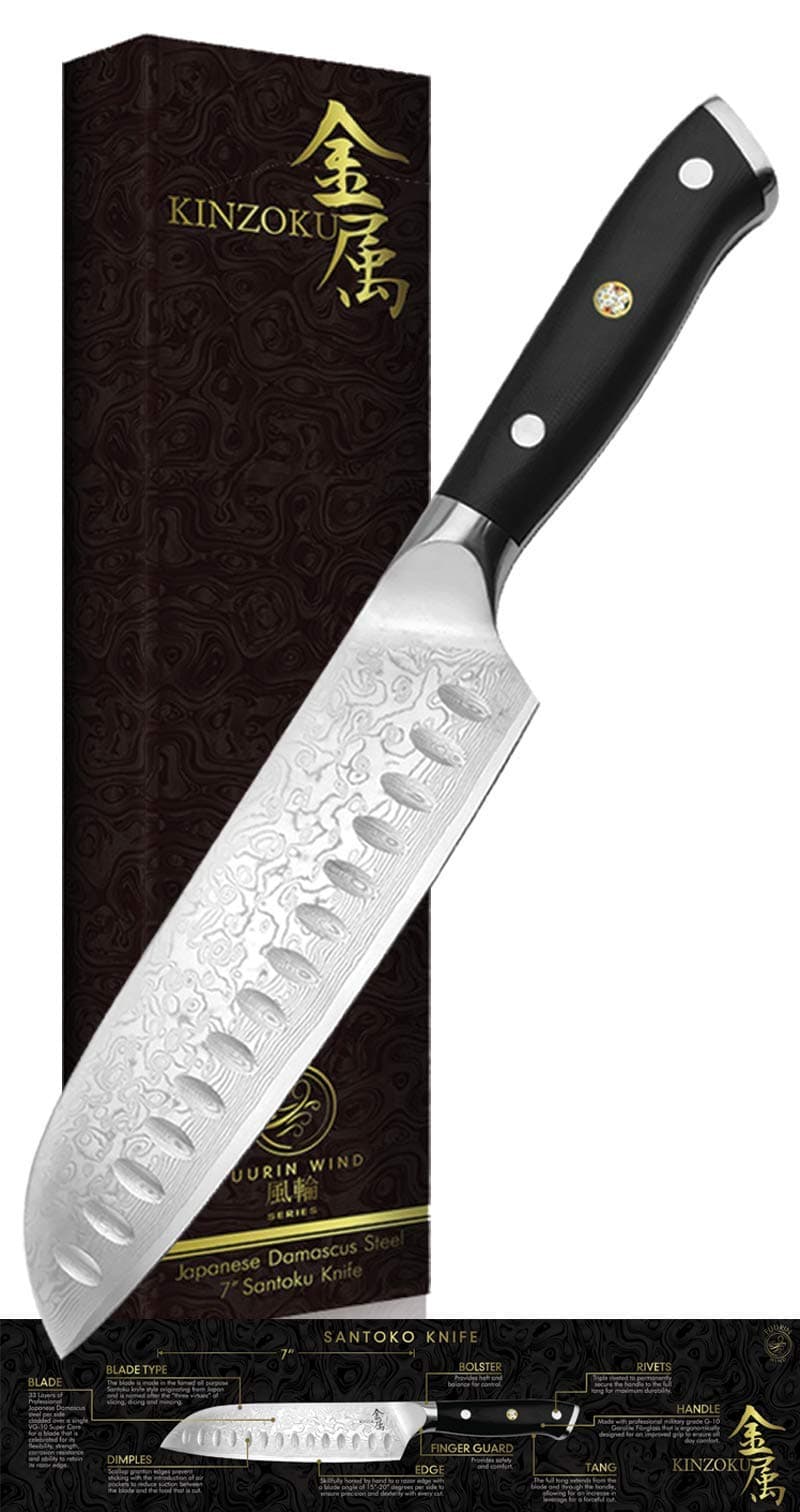 Kinzoku Damascus Steel Knife Santoku Japanese Knives VG10 Sharp Knife Full Tang Knife Stainless Steel Damascus Knife Knive Knifes for Kitchen Cooking Chefs Men Women Boys, Use with Sharpening Stone